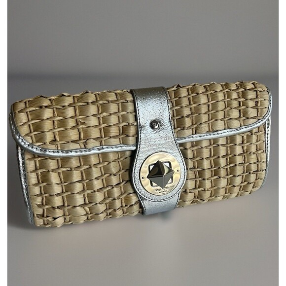 Kate Spade New York Woven Straw Basket Clutch Silver Metallic Leather Trim - Picture 1 of 12